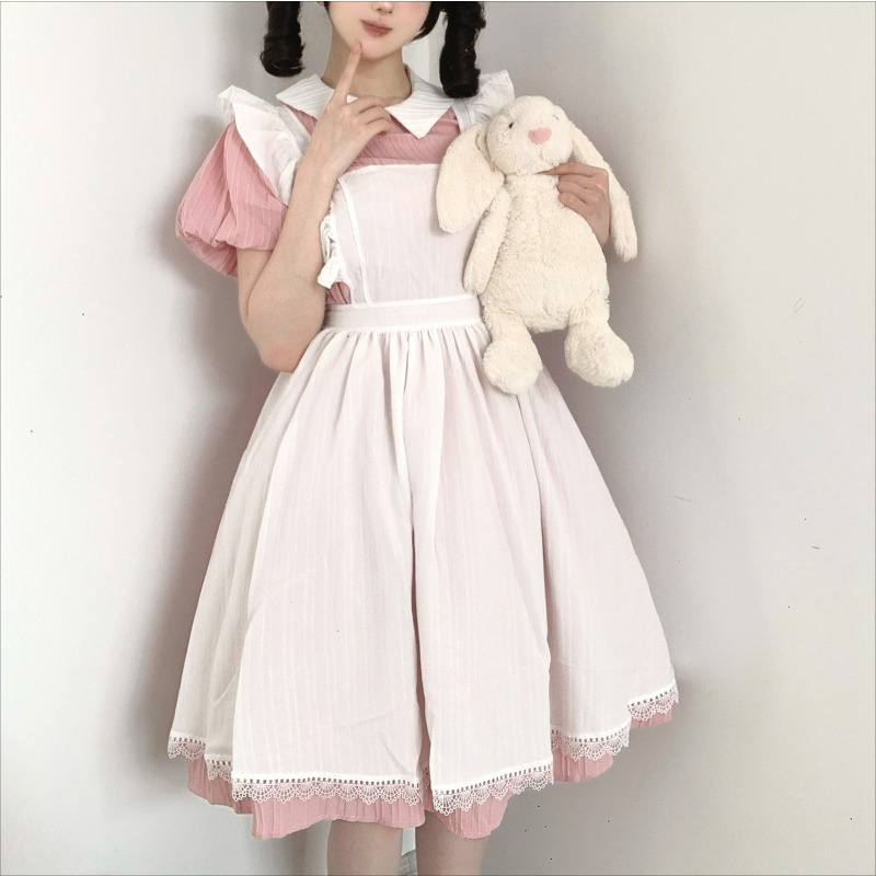 Vintage Fashion Dresses - Gaun Pelayan Panjang Warna Pink Putih